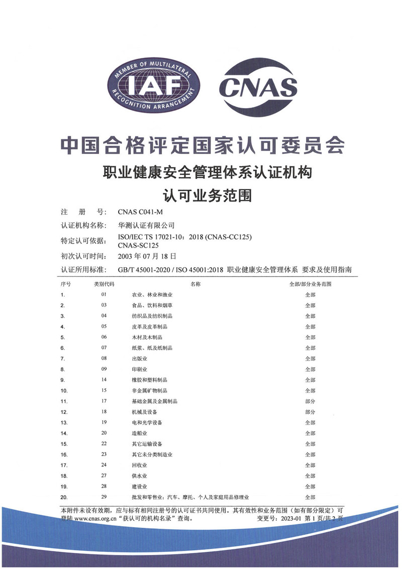 職業(yè)健康安全管理體系認(rèn)證機(jī)構(gòu)認(rèn)可證書(shū)